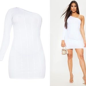 PrettyLittleThing White One Shoulder Bandage Rib Bodycon Dress